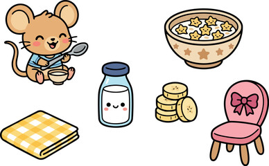 Fototapeta premium Cute smiling cartoon mouse sitting holding spoon with bowl breakfast cereals spoon milk and pink chair with bow colorful vector art illustration