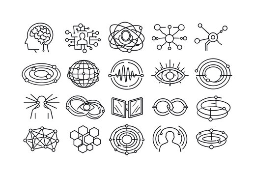 Line vector icons of an AI character convinced of its own reality: self-aware logic nodes, identity-asserting circuits,