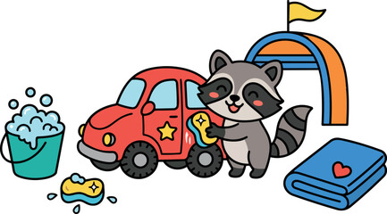 Fototapeta premium Cute smiling raccoon washing red star decal toy car with sponge near bucket of soap bubbles and folded towel in colorful vector illustration