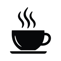 Black icon of a steaming coffee cup and saucer with wisps of steam