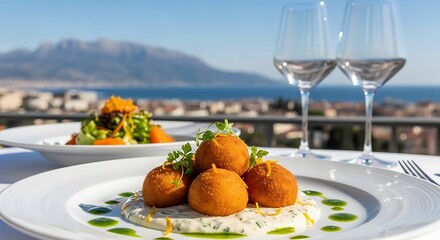 Fototapeta premium Gourmet meal, round golden croquettes with a landscape background, wine glasses, outdoors