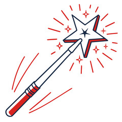 Magic wand with star and sparkles isolated on white background, celebration and fantasy concept, bright and colorful illustration for design