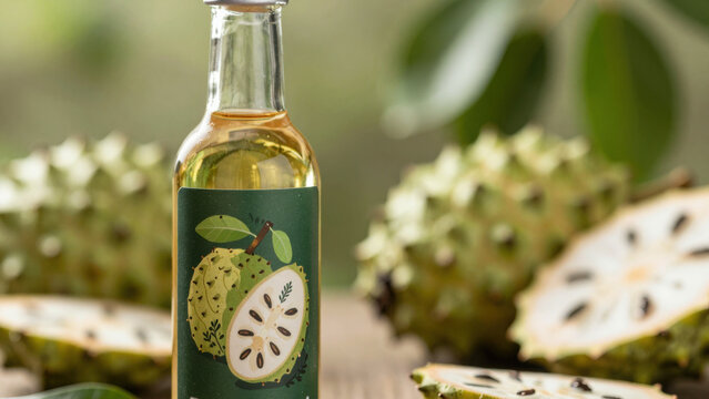Sliced soursop fruit sits on a wooden surface, displaying its creamy white flesh and dark seeds. A few leaves are scattered around. The focus is sharp, highlighting the fruit's texture.