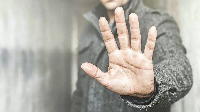 Adult making a clear 'stop' gesture with an open hand, signifying refusal or prevention in a dimly lit urban environment.