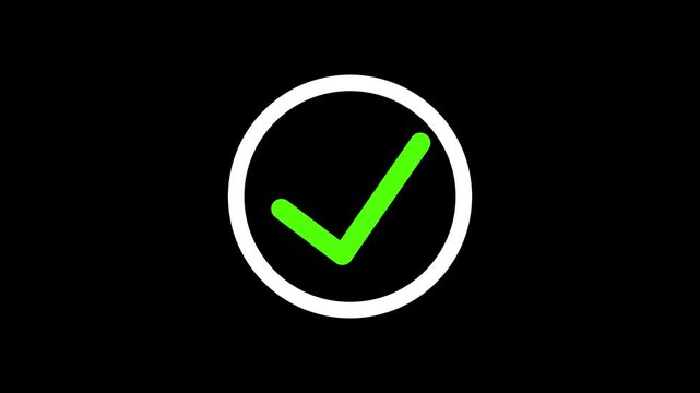 Animated reveal of a white checkmark icon in a white circle. Isolated on a black background. Tik mark 4k animation,