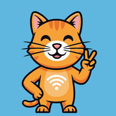 Cute orange tabby cat cartoon mascot character with a happy smile, making a peace sign, and a Wi-Fi symbol on its belly, isolated on blue.