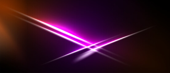 Fototapeta premium Abstract background features vibrant purple, orange light streaks. Bright lines intersect creating dynamic visual effect. Dark areas provide contrast.