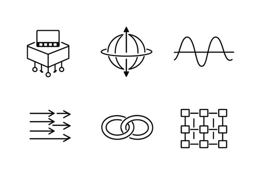 Set of six abstract icons representing data, connections, and processes