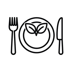 Healthy Food Icon: Plate, Fork, Knife, and Leaves
