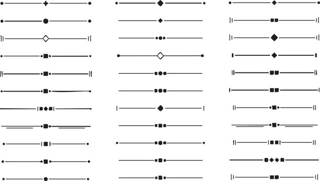 Set of black simple page dividers and text separators with various geometric shapes on transparent background for clean design