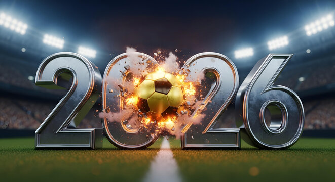 World Cup 2026 stadium explosion soccer ball, FIFA World Cup 2026, World Cup, World Cup 2026 with Soccer Ball, Vibrant Stadium, International Flags, Global Football Celebration