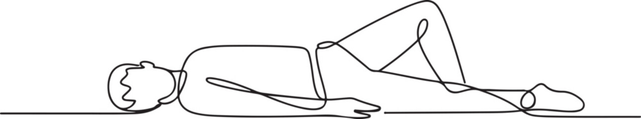 The full length male body lies on the floor. The concept of loss of strength, loss, fatigue, dead man, lose consciousness, fall, be defeated. one line Icon drawing