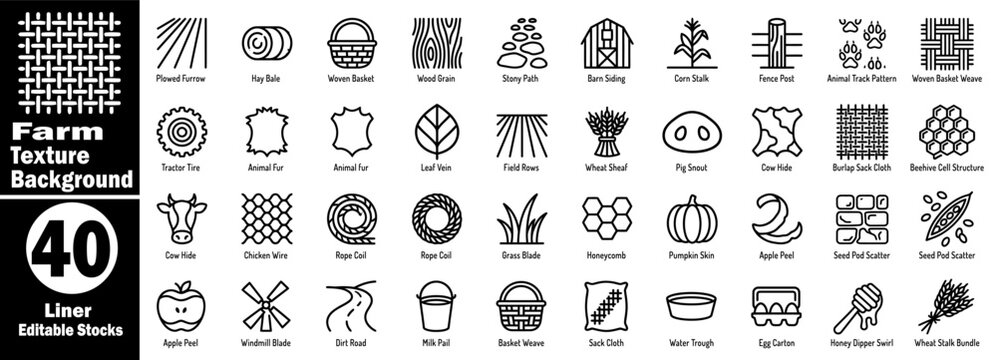 Farm texture background linear editable stocks. Collection of various agricultural elements vector illustrator.