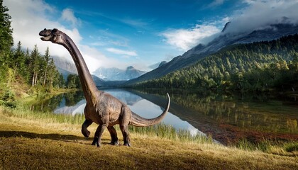 Fototapeta premium Nykwebasaurus Stands Majestically By Lakes And Mountains In A Primeval Forest Landscape