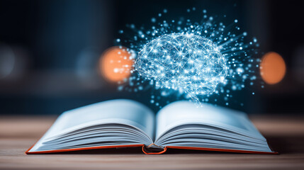 A glowing digital brain rising from an open book to represent knowledge expansion, artificial intelligence learning, and smart education