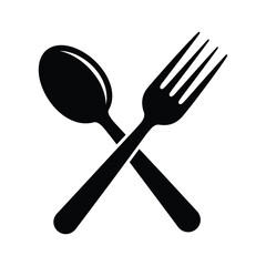 Black Silhouette of Crossed Spoon and Fork Icon on White Background