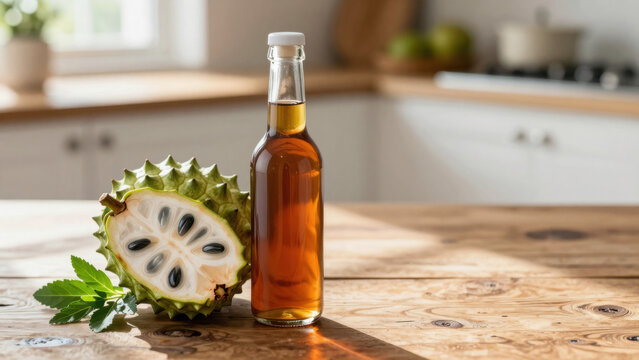 A halved soursop fruit and a bottle of bitters sit on a wooden surface. The soursop's white flesh is visible, with dark seeds. The bottle is amber-colored, showcasing a liquid interior.