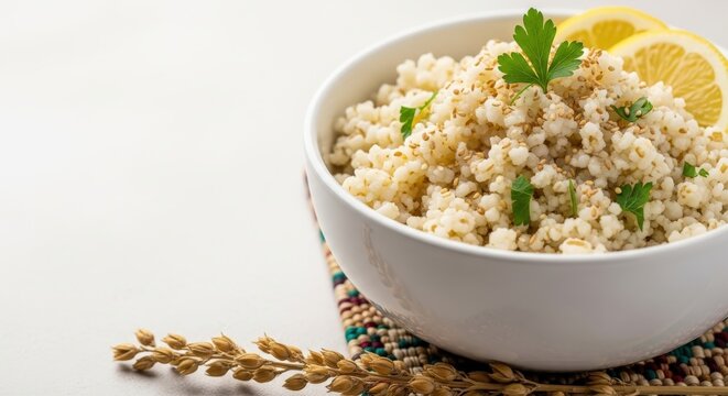 Gourmet Fonio Ancient Grain Salad with Soft Negative Space and Artisanal Heritage Accents on Ndow Mat
