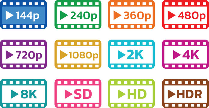 Set of video resolution and quality icons displaying 144p, 240p, 360p, 480p, 720p, 1080p, 2K, 4K, 8K, SD, HD, HDR symbols for digital media, streaming, and online playback.