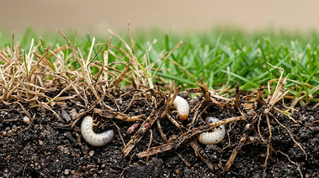 Grubs in soil beneath grass roots showing garden ecosystem  