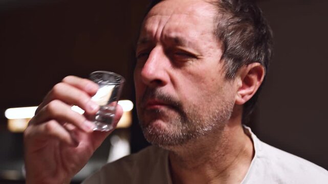 Man drinking vodka alcohol from a shot glass, 4K