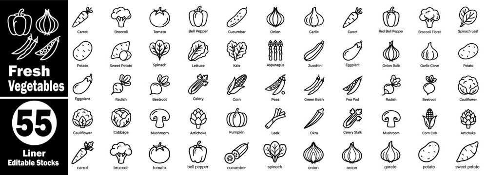 Fresh vegetables line icons, editable stock, collection of visuals, vector illustrator.