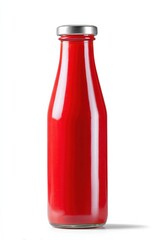 Glass bottle of red sauce with silver cap on white background narrow classic ketchup-style condiment bottle filled with smooth tomato sauce