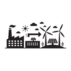 Silhouette of factory office buildings with solar panels and wind turbines © Mahfujur Riyad