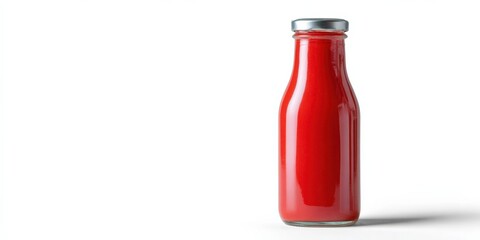 Red glass bottle ketchup sauce with silver cap on white background minimal clean upright condiment container for tabletop display