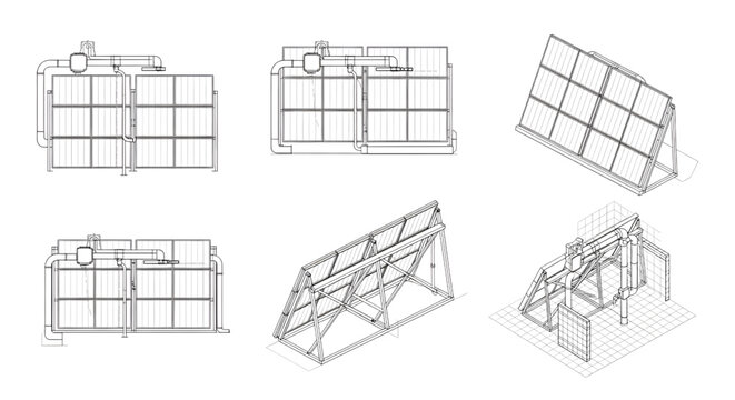 Solar Collector System Blueprint Vector &ndash; Solar Energy Panel Layout Multi View Technical Line Drawing Isolated on White

