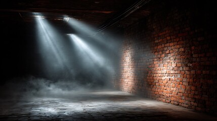 Obraz premium Dramatic light beams in dark industrial brick basement