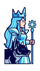 Pixelated queen with crown and wolf companion winter theme