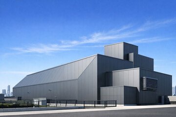 Fototapeta premium A large, modern industrial building with a sleek gray exterior and a city skyline in the background under a blue sky.