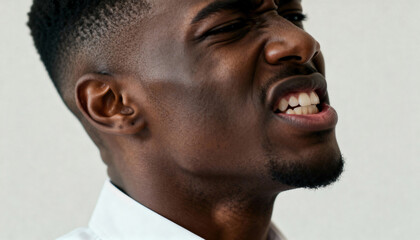 Naklejka premium Close-up of a Black man with an intense expression of pain. Young African American male gritting his teeth in frustration or stress. Concept of struggle and mental anguish
