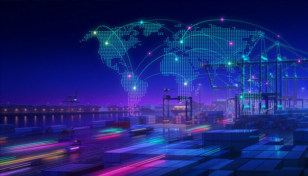 Global Logistics Network Visualization with World Map and Smart Harbor Infrastructure