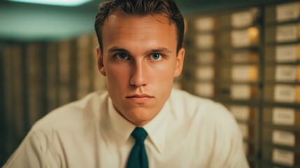 Obraz premium A serious young man in a white shirt and dark tie looks directly at the camera in a dimly lit room with shelves filled with labeled boxes in the background.