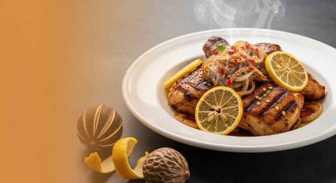 Gourmet Yassa Poulet: Senegalese Grilled Chicken with Warm Negative Space and Artisanal Botanical Accents