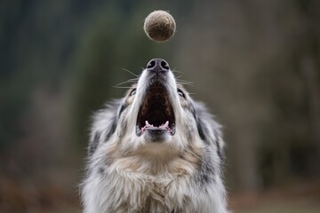 A dog in mid-air catching a yellow ball - the joy of playtime captured!