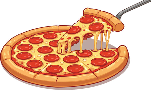 Adobe IllusHot pepperoni pizza with melting cheese slice on a server, delicious Italian fast food vector illustration on white.trator Artwork