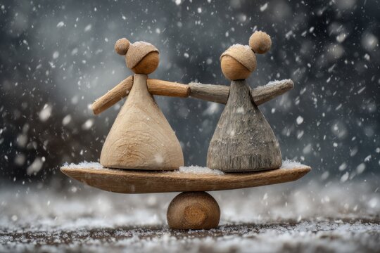 Wooden dolls balancing while snow gently falls, Christmas harmony metaphor