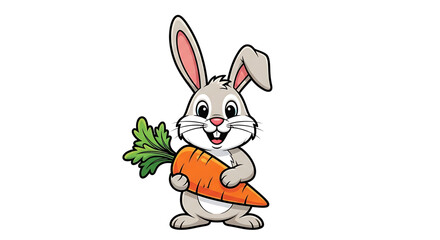 Fototapeta premium Adorable cartoon bunny rabbit character holding a large fresh vibrant orange carrot with green leafy top isolated on a clean white background perfect for children's books easter