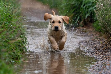 A Golden Retriever Enjoying the Outdoors - Capturing Joy and Freedom in a Shallow Stream
