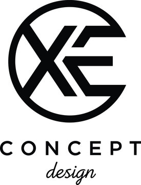 Black and white minimalist vector logo featuring letters XE within a circular frame for corporate branding and modern concept design projects