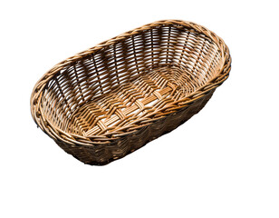 Fototapeta premium Empty Handcrafted Wicker Bread Basket Made of Natural Woven Rattan for Rustic Kitchen Decor Bakery Display and Traditional Food Presentation Isolated