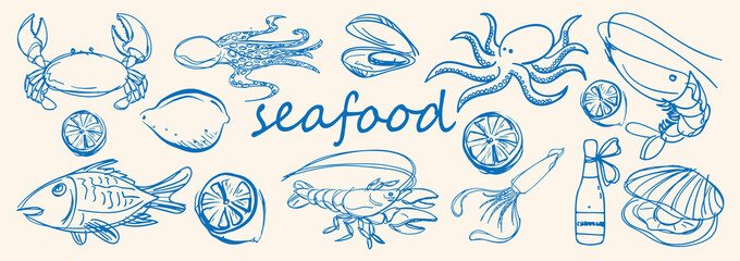 Hand drawn vector various seafood elements line art set .lemon . Sketch art seafood set . seafood elements design . Vector illustration © thisara