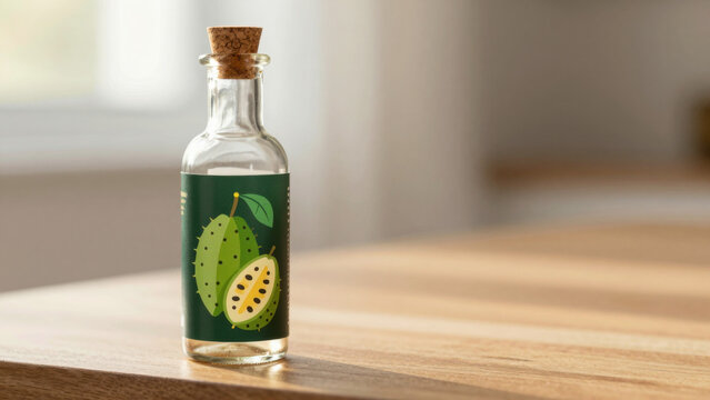 A glass bottle with a green label sits on a wooden surface. The bottle appears to contain a liquid, possibly bitters or a supplement. The focus is sharp, with a shallow depth of field.