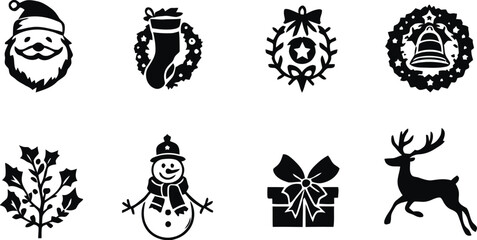 Christmas holiday symbols including santa claus stocking wreath bell mistletoe snowman gift and reindeer for festive seasonal celebration and winter themes © Selim
