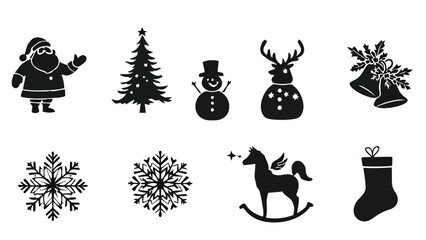 Christmas symbols collection featuring Santa Claus Christmas tree snowman reindeer bells snowflakes rocking horse and stocking isolated on white for holiday design © Selim
