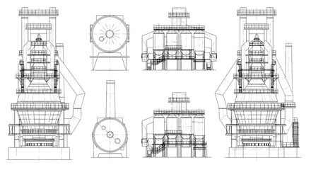 Fototapeta premium Blast Furnace Blueprint Vector – Industrial Steel Smelting Facility Multi-View Technical Line Drawing Isolated on White