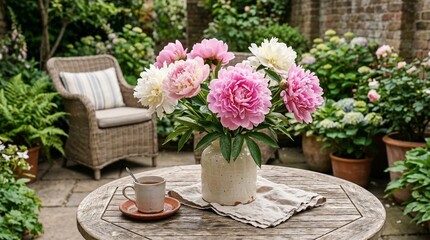 Fototapeta premium Pink and white peonies in a ceramic vase on a rustic wooden table with coffee, overlooking a lush garden patio for a serene summer relaxation concept